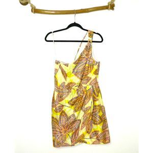 Trina Turk Dress Green Purple Tropical Floral One Shoulder Silk Linen Size 10